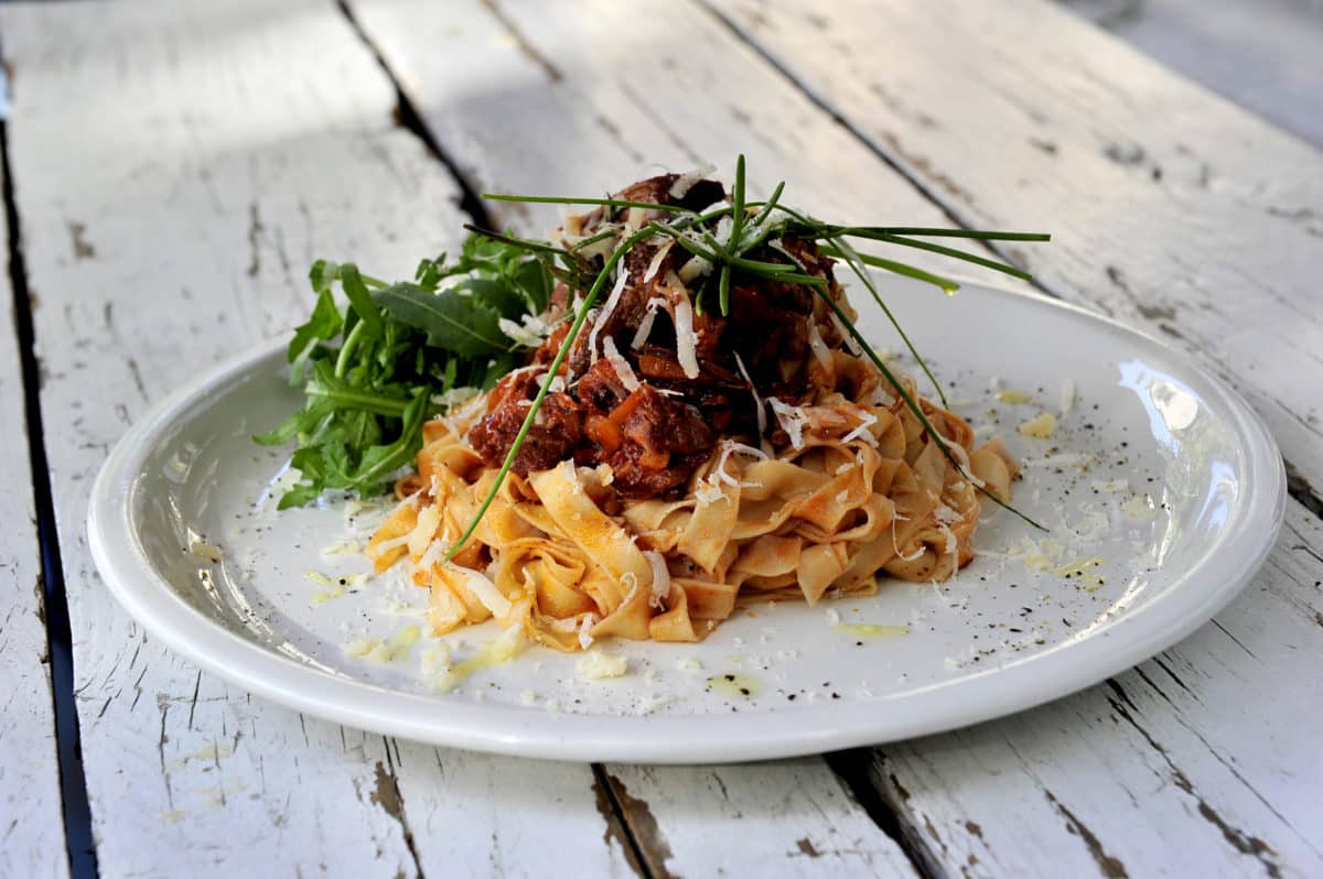 Delicious beef ragout served on a white plate.