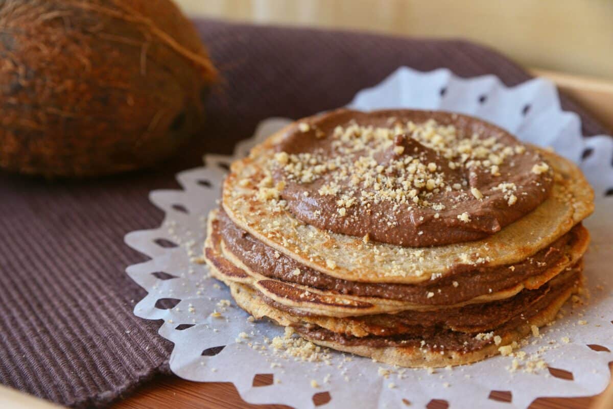 Stack of buckwheat pancakes on a table