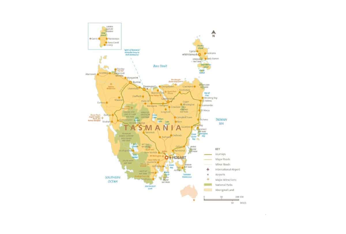 Detailed map of Tasmania highlighting various regions and landmarks.
