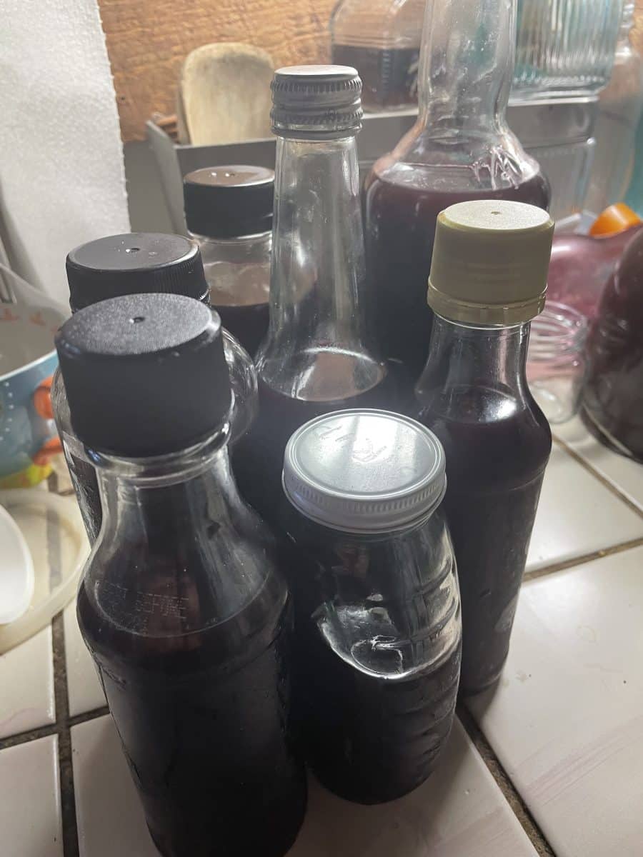 Bottles of homemade elderberry syrup and other tonics.