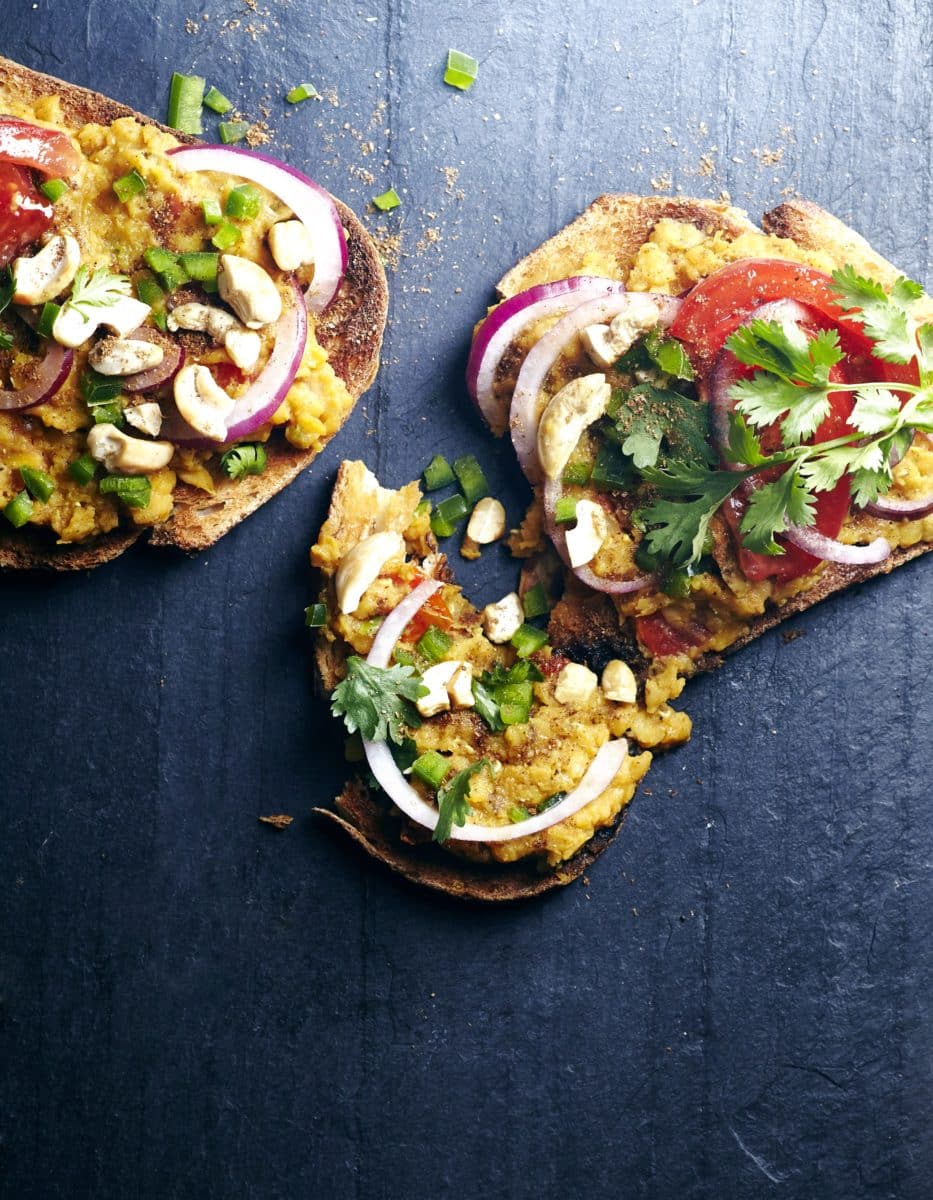 Toast topped with masala red lentils and veggies