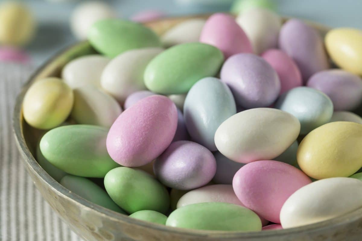Bowl of pastel-colored Jordan almonds
