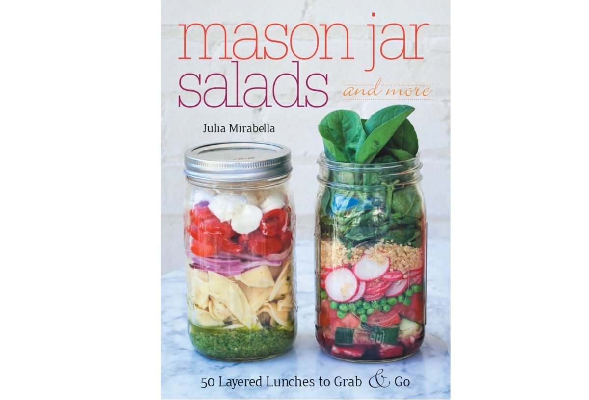 Book cover titled "Mason Jar Salads and More" by Julia Mirabella with an image of layered salads in mason jars.