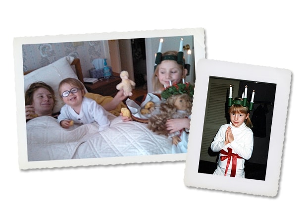 Nell with her children, Jasper and Lily, enjoying lussekatt and a childhood photo of Nell.