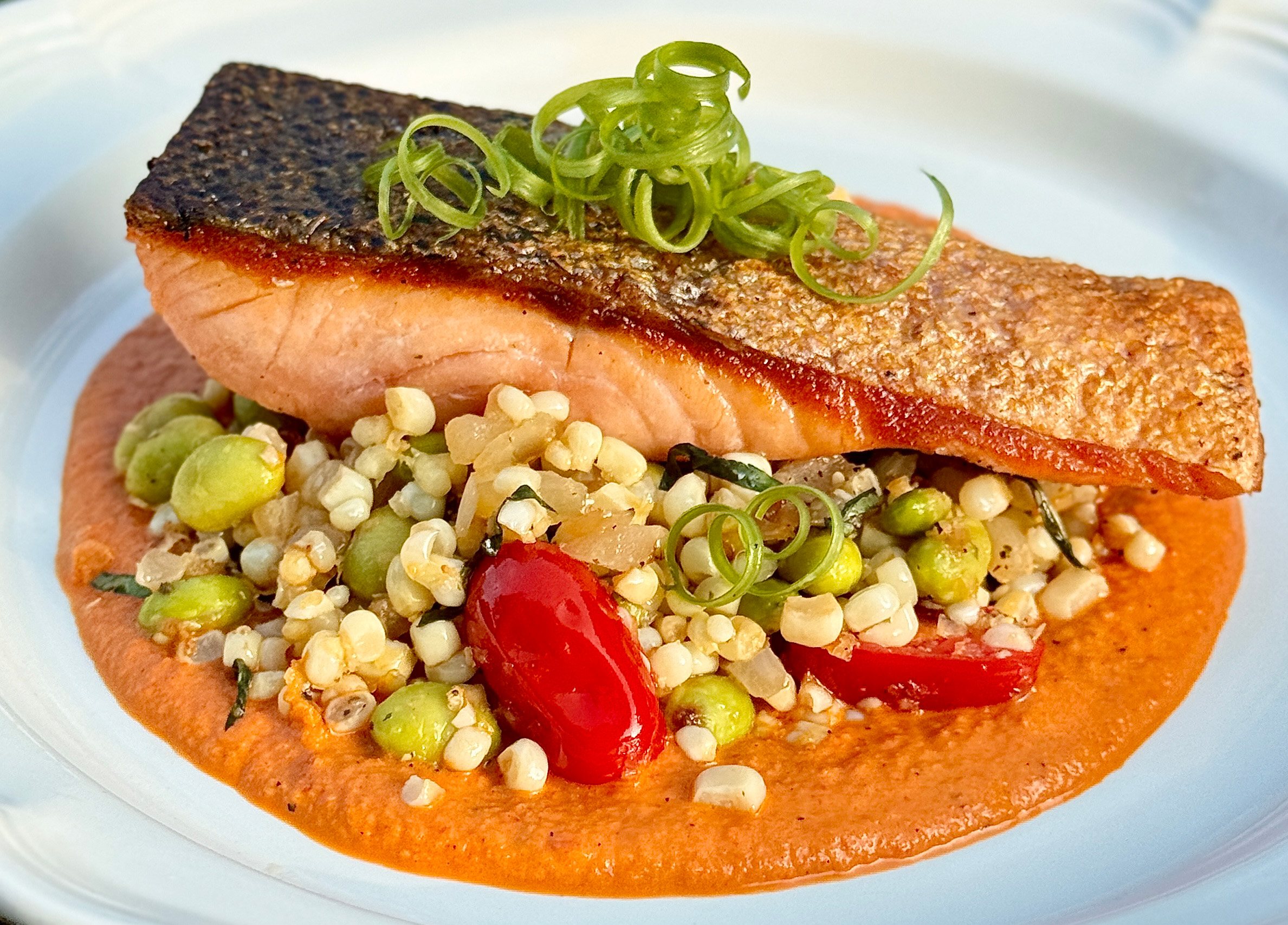 Lightly Smoked Salmon with Romesco and Edamame Succotash
