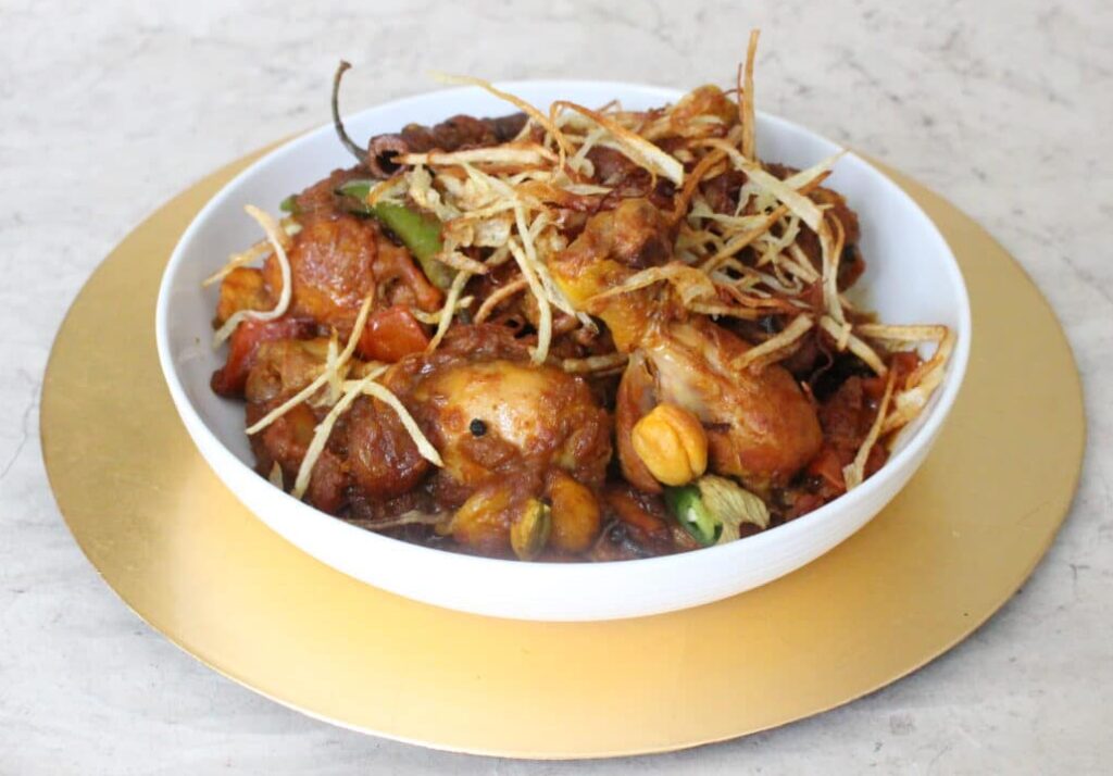 Sali Murghi, chicken with apricots and shredded potatoes