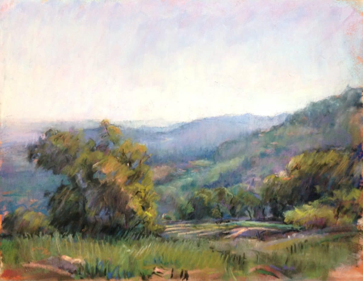 Tranquil watercolor landscape painting with trees and meadows.