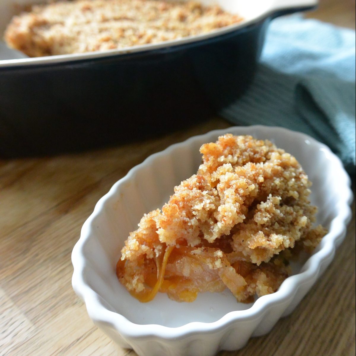 Close-up of vegan apple butternut crumble in a dish.