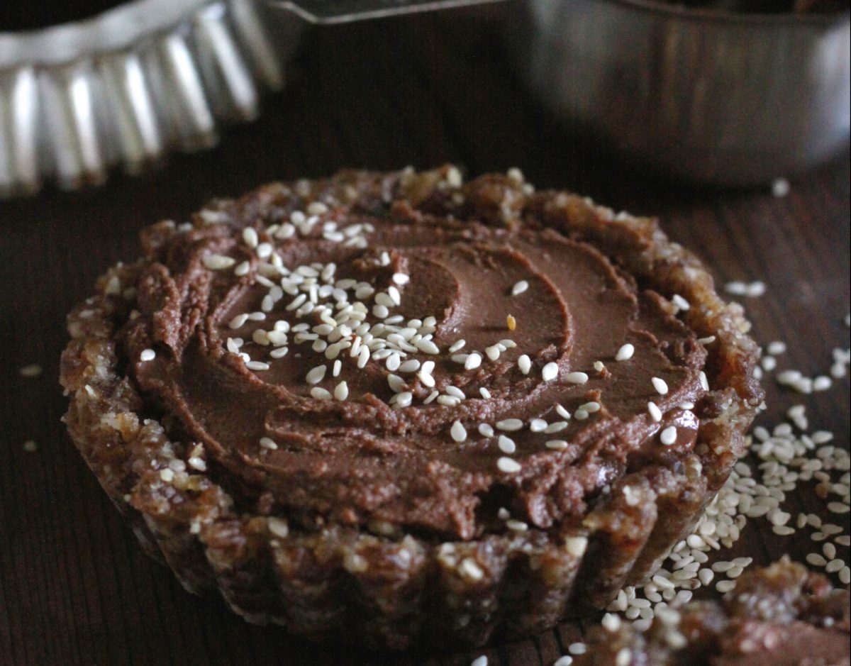 Vegan dessert topped with sesame seeds