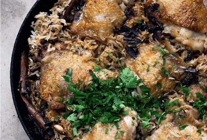 Close-up of Ottolenghi's Chicken with Caramelized Onion Rice