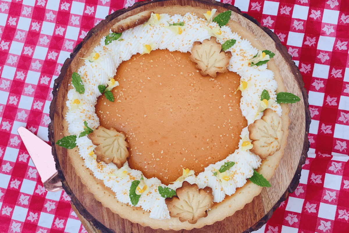 Close-up of a Peach Bellini Tart showcasing its creamy texture.