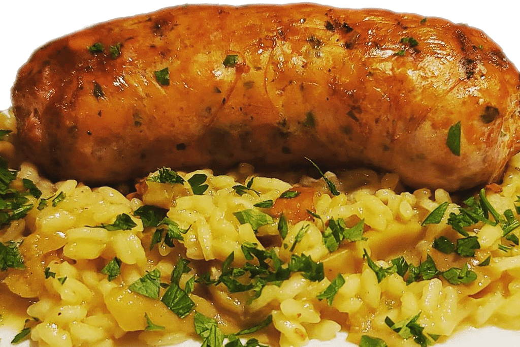 A pile of raw chicken sausages with visible green chile bits.