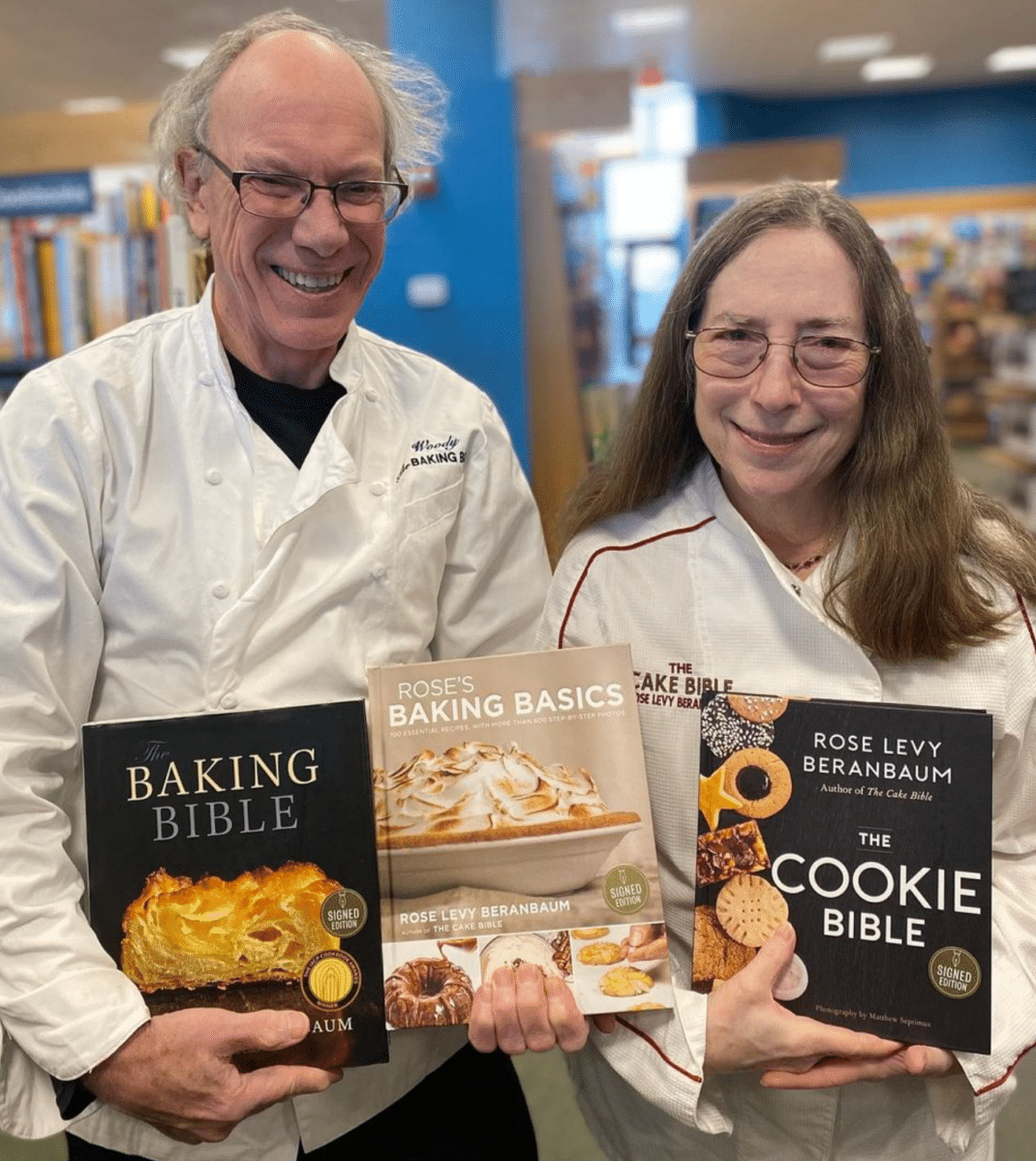 Rose Levy Beranbaum with her husband and books